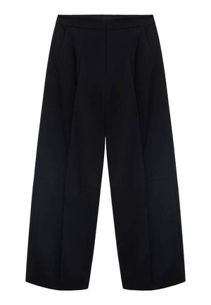 Black wide-leg trousers made of woven fabric, featuring a high waistband and two front pockets. Smooth texture with clean lines.