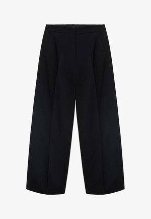 Black wide-leg trousers made of woven fabric, featuring a high waistband and two front pockets. Smooth texture with clean lines.