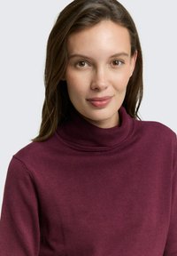 Pullover a collo alto color bordeaux realizzato in tessuto morbido, con un design aderente e collo a coste. Texture liscia senza motivi visibili.