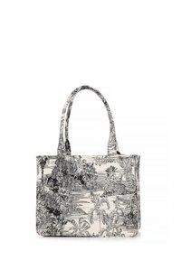 Canvas boodschaptas met zwart-witte tropische loofstructuur en luipaardprint ontwerp, voorzien van twee schouderbanden.