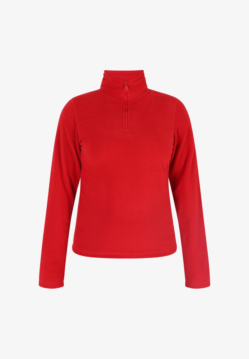 Rød fleecepullover med lange ærmer, høj krave og en delvis frontlynlås. Blød tekstur med en glat overflade.