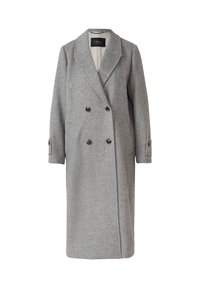 Cappotto in misto lana grigio con design doppiopetto, rever a punta, tasche frontali e bottoni neri. Di lunghezza media con un taglio dritto.