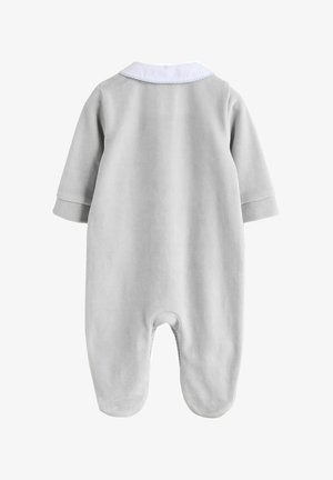 Completo grigio realizzato in tessuto morbido, con colletto bianco, maniche lunghe e design con piedi, dal texture liscia.