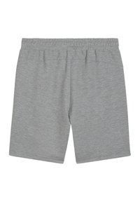 Graue Baumwollshorts mit einem elastischen Bund und ohne Taschen. Der Stoff hat eine glatte Textur und ein einfaches, klassisches Design.