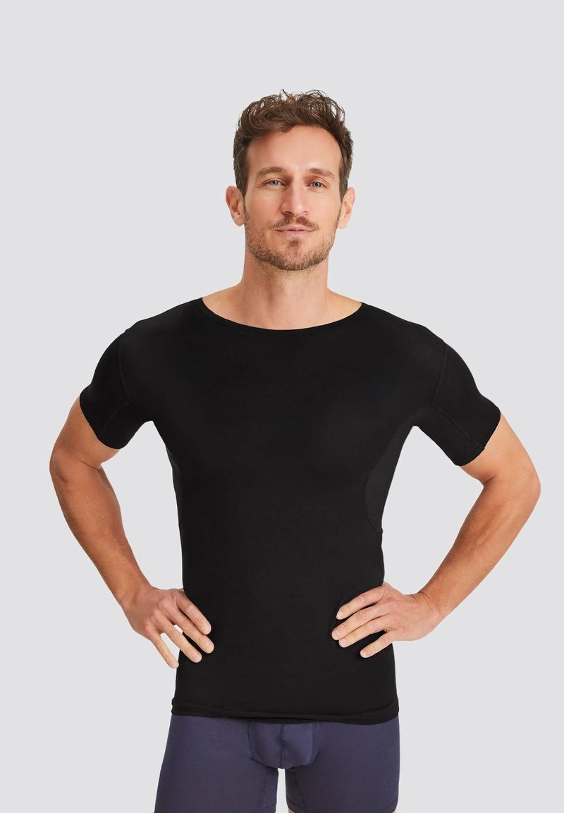 Black short-sleeve t-shirt with a round neckline. Made from a smooth, stretchy material. Features a fitted design with subtle seams.
