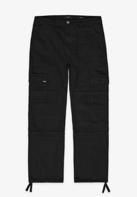 Schwarze Cargo-Hosen mit Fronttaschen, seitlichen Klapptaschen, Gürtelschlaufen, Knopfverschluss und verstellbaren Bändern an den Knöcheln.