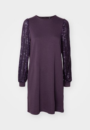 Purple dress with long sleeves; sleeves feature sequins. Made from soft material, has a round neckline and a relaxed fit.