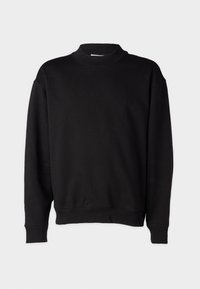 Schwarzer Sweatshirt mit hohem, geripptem Kragen, langen Ärmeln und lockerer Passform. Weiche Textur mit gerippten Bündchen und Saum.