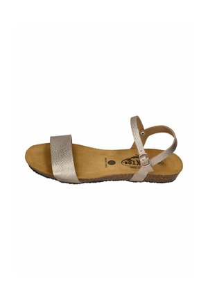 Open-toe women's sandal with metallic front strap, adjustable ankle strap with buckle, cork footbed, and black rubber sole.