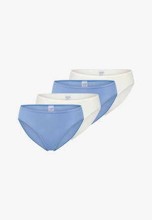 Five pairs of women's underwear in alternating light blue and white colors, aligned diagonally with visible size tags.