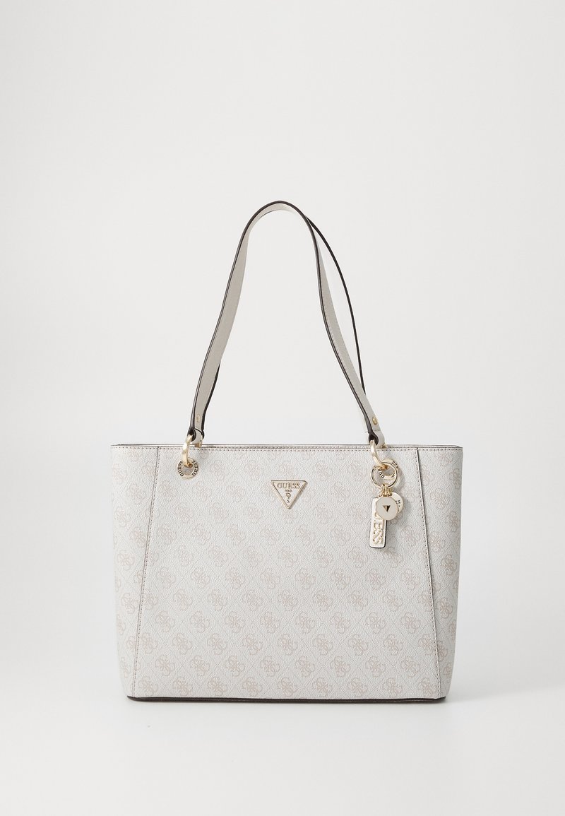 Bežs rokassoma, kas izgatavota no faktūras materiāla, ar divām rokturiem, zelta tonētiem aksesuāriem un paraksta logo. Iekļauts atslēgu piekariņš.