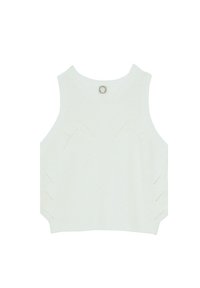 Top en tricot sans manches blanc avec un col rond, une texture subtile, des détails diagonaux sur les côtés et un logo circulaire au niveau du cou.