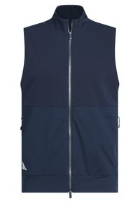 Mørkeblå ermeløs vest med høy krage og hel glidelås foran. Har et to-farget design og sidelommer. Glatt stofftekstur.
