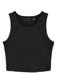 Svart avkortet tanktop laget av ribbestrikket stoff. Har brede skulderstropper og rund halslinning med en tettsittende passform gjennom hele.