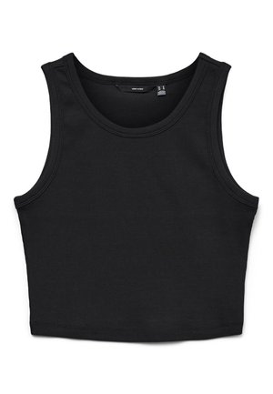 Svart avkortet tanktop laget av ribbestrikket stoff. Har brede skulderstropper og rund halslinning med en tettsittende passform gjennom hele.
