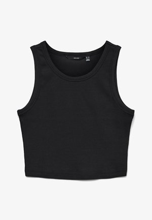 Black cropped tank top made of ribbed fabric. Features wide shoulder straps and a round neckline with a slim fit throughout.