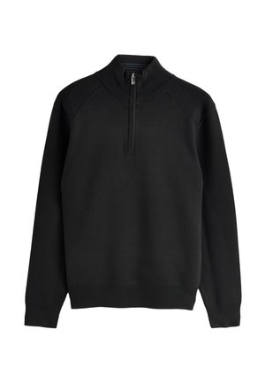 Pulover negru cu guler înalt, fermoar de un sfert și detalii striate la umeri și manșete. Confecționat dintr-un material moale și texturat.