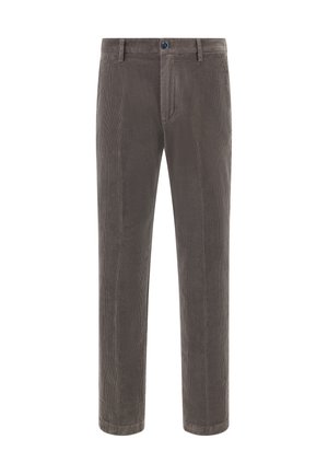 Grijze corduroy broeken met een rechte snit, voorzien van een knoopsluiting en subtiele verticale ribbelstructuur.