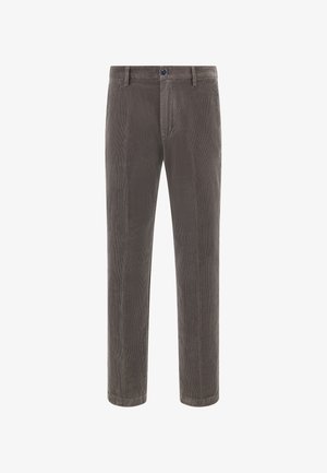 Grijze corduroy broeken met een rechte snit, voorzien van een knoopsluiting en subtiele verticale ribbelstructuur.