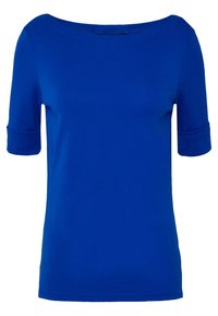 Blå kortärmad topp med rundad halsringning, tillverkad i en mjuk bomullsblandning. Har uppvikta ärmslut och en figurnära siluett.