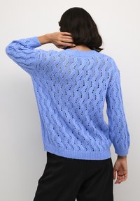 Pulover tricotat de culoare albastru deschis cu un model dantelat ondulat, având mâneci lungi și guler cu dantelă.Țesătură texturată cu un design cu țesătură deschisă.