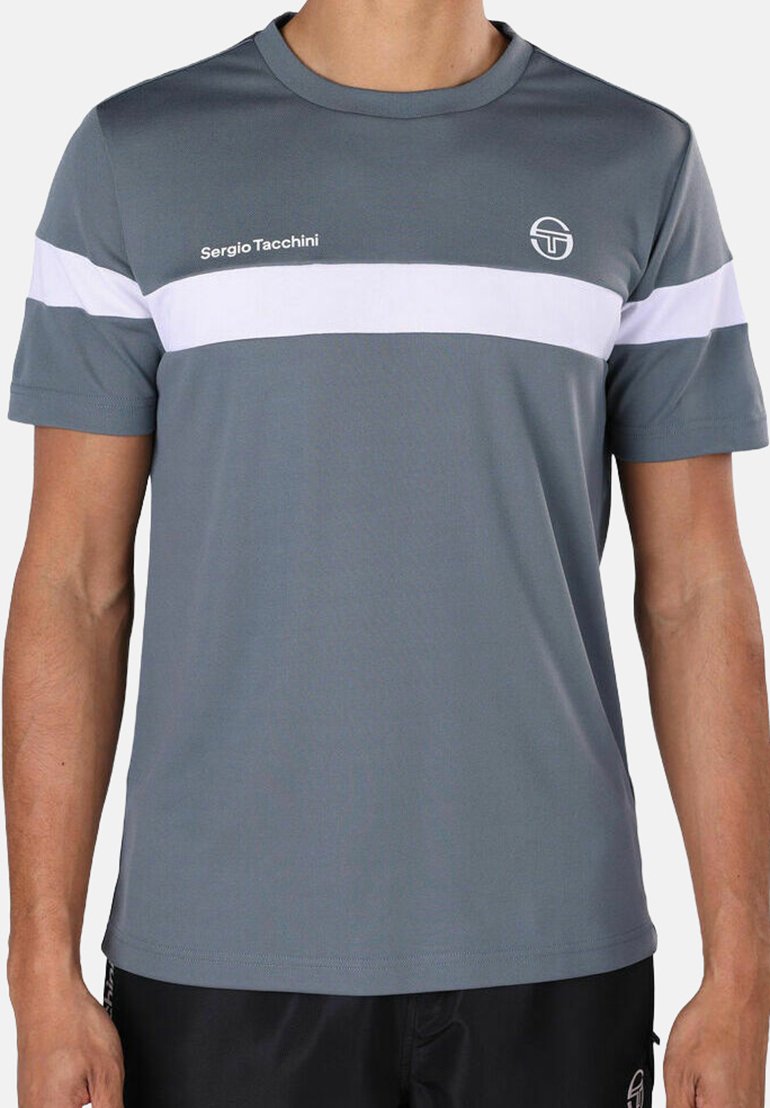 Grijze T-shirt met korte mouwen, voorzien van een witte horizontale streep, een textiellogo, een ronde halslijn en vochtregulerende stof. Fitted design.