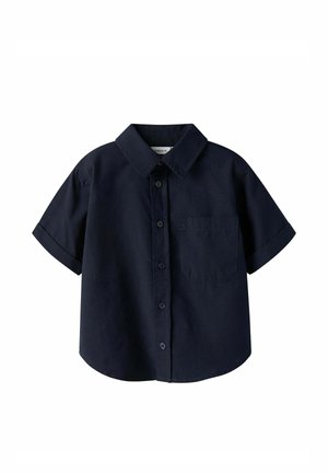 Marineblaues Kurzarm-Hemd mit Knopfleiste, Kragen und Brusttasche, entworfen für lässige oder formelle Anlässe.