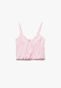Vaaleanpunainen puuvillainen crop-top, jossa on säädettävät olkahihnat, vyötäröllä kerätty rakenne ja V-mallinen kaula-aukko.