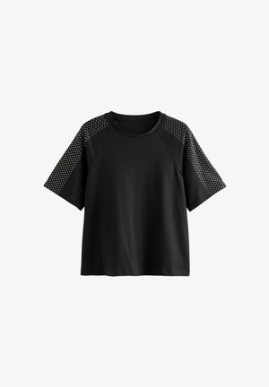 Fekete, rövid ujjú póló, sima testtel, díszített, textúrált patenttal az vállakon.