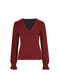 Rood metallic langesleeve top met een V-hals, aansluitend lijfje en smockmouwuiteinden. Heeft een gegolfde onderrand en een gestructureerde afwerking.