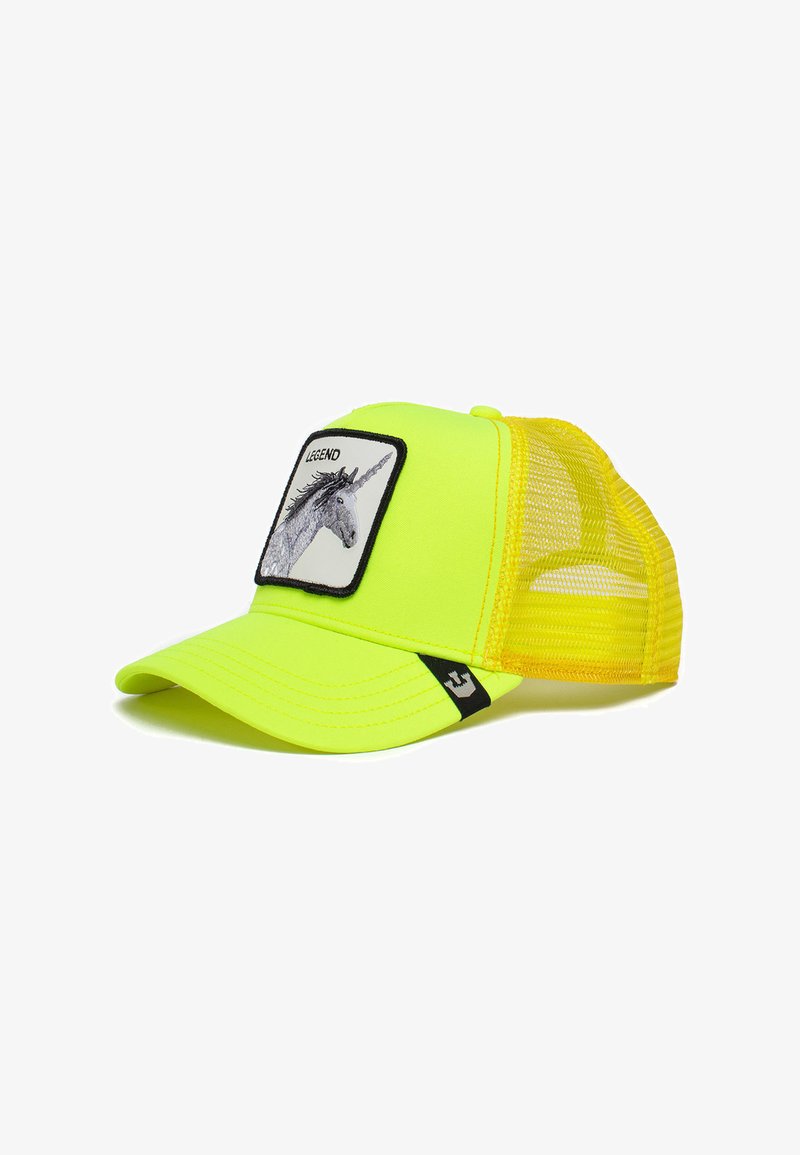 Neon yellow trucker cap featuring a mesh back, a curved visor, and a patch with a unicorn design and the text "LEGEND."