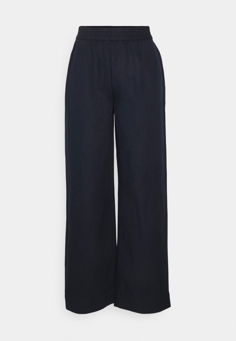 Pantalon bleu marine à jambes larges avec taille élastique, sans poches ni motifs visibles, présenté sur un fond blanc uni.