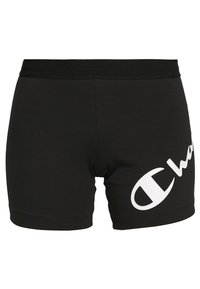 Černé sportovní šortky z elastické látky, s širokým černým pasem a výrazným bílým logem na levé straně.