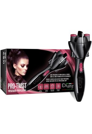 Trecciatore elettrico professionale nero e rosa con tamburi rotanti, mostrato con la confezione che presenta una donna con i capelli intrecciati.