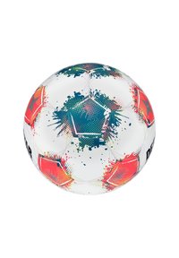 Voetbal met een witte oppervlakte, voorzien van kleurrijke spetterpatronen in rood, blauw en groen, en zwarte tekstdetails. Gegeven textuur met hexagonale panelen.