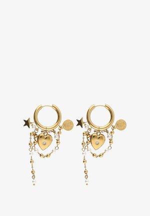 Gold hoop earrings featuring dangling charms: a heart with a stone, pearls, and two stars. Notable for intricate detailing and varied textures.