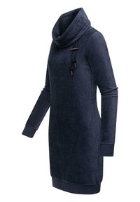 Navy blue cowl neck dress made of soft textured fabric, featuring long sleeves, ribbed cuffs, and decorative wooden toggles on drawstrings.