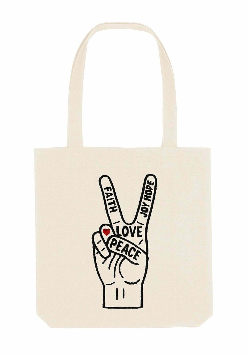 Borsa tote in tela color crema con una grafica di una mano. La mano forma un segno di pace; gli elementi testuali includono "Fede", "Amore", "Gioia" e "Pace". Dettaglio di un cuore rosso.