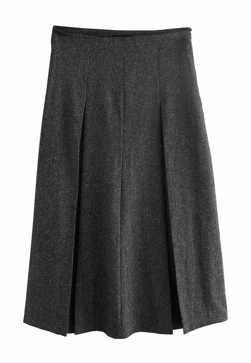 Šedá plisovaná sukně, vyrobená z texturované látky, ke kolenům, s dobře padnoucím páskem a čistým, minimalistickým designem.