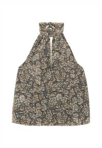 Halter neck top in a textured fabric featuring a butterfly and floral pattern in black, beige, and cream. Cutout front detail.