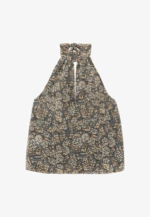 Halter neck top in a textured fabric featuring a butterfly and floral pattern in black, beige, and cream. Cutout front detail.