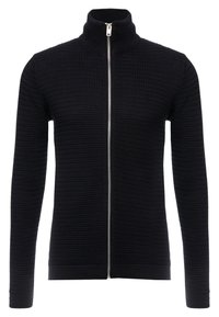 Svart strukturerad stickad zip-sweater med hög krage och långa ärmar, med en silverfärgad dragkedja längs mitt fram.