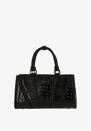 Schwarze Handtasche mit einem abwechselnden Muster aus strukturiertem, krokodilähnlichem Leder und glattem Material, mit zwei kurzen Griffen und einer strukturierten Form.