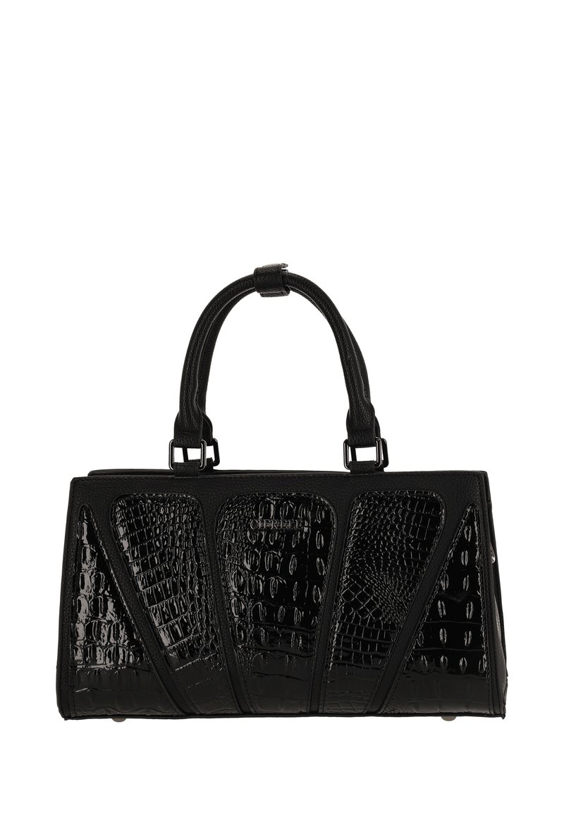 Fekete kézitáska váltakozó mintázattal, amely texturált krokodilbőr-szerű bőrből és sima anyagból áll, két rövid fogóval és strukturált formával.