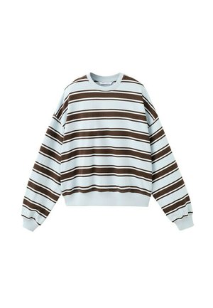Felpa a maniche lunghe color azzurro chiaro con collo rotondo e strisce orizzontali marrone scuro alternate spesse e sottili, distribuite uniformemente.