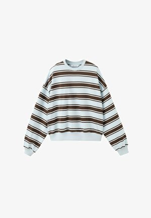 Felpa a maniche lunghe color azzurro chiaro con collo rotondo e strisce orizzontali marrone scuro alternate spesse e sottili, distribuite uniformemente.