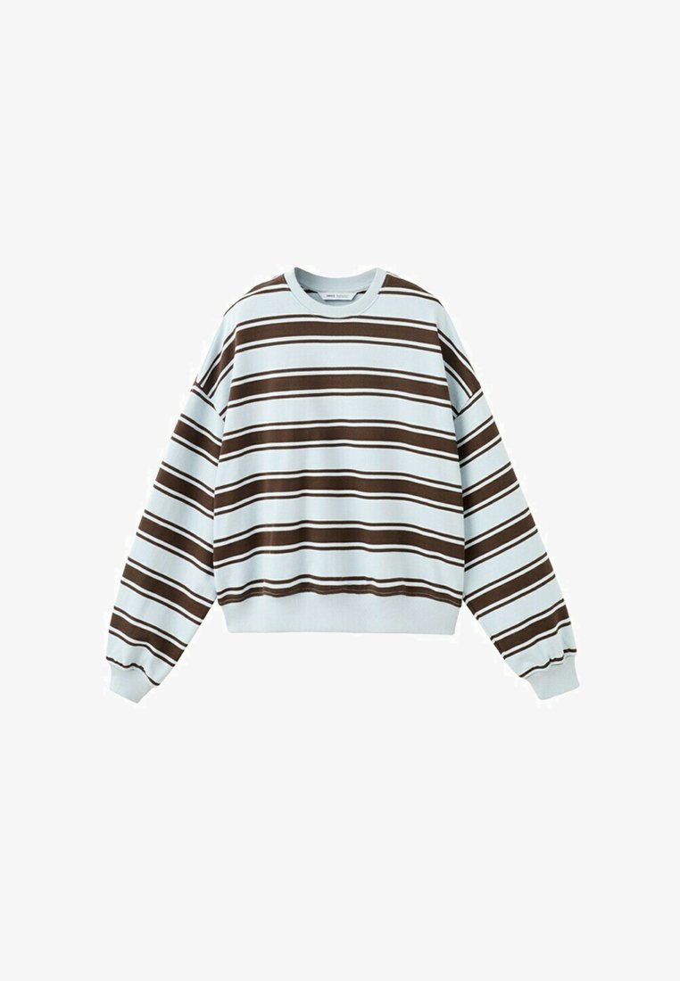 Bluză cu mâneci lungi de culoare albastru deschis, cu guler rotund, având dungi orizontale groase și subțiri de culoare maro închis, distribuite uniform.