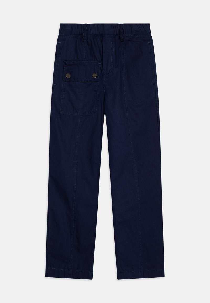 Námorně modré bavlněné kalhoty s elastickým pasem, rovný střih a velká postranní kapsa se dvěma knoflíky.