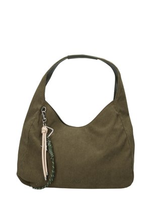 Borsa a tracolla in velluto a coste verde oliva con una tracolla singola e un portachiavi decorativo in corda beige e verde attaccato alla cerniera.