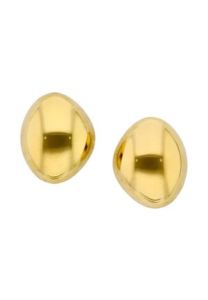 Twee gladde, glanzende, onregelmatig ovale gouden oorstekers met reflecterende oppervlakken op een witte achtergrond.